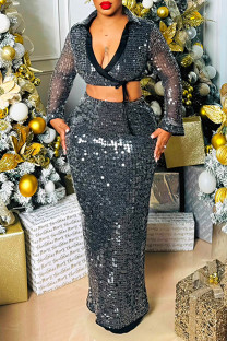 Black Sexy Party Patchwork Sequins Belted Long Sleeve Two Pieces