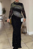 Black Sexy Party Formal Hot Drilling Backless Half A Turtleneck Long Dresses