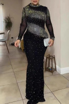 Black Sexy Party Formal Hot Drilling Backless Half A Turtleneck Long Dresses