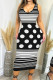 Black And White Casual Print Patchwork U Neck Wrapped Skirt Dresses