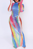 Black White Sexy Casual Patchwork Sequins Slit Hooded Long Dresses