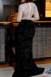 Apricot Prom Patchwork Slit Hot Drill O Neck Long Dresses