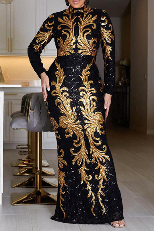 Black Celebrities Formal Patchwork Sequins Zipper Half A Turtleneck Long Dresses