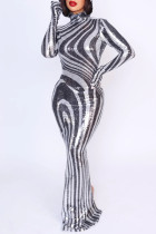 Black White Sexy Casual Patchwork Sequins Slit Hooded Long Dresses