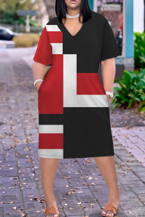Black Red Casual Print Pocket Patchwork V Neck Straight Plus Size Dresses