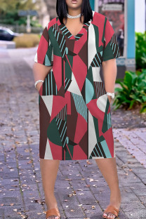Red Green Casual Print Pocket Patchwork V Neck Straight Plus Size Dresses
