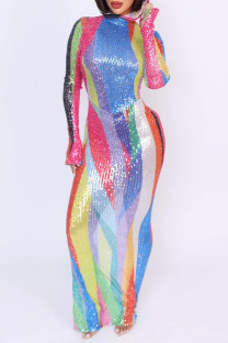 Multi-color Sexy Casual Patchwork Sequins Slit Hooded Long Dresses