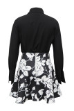 Black Casual Floral Print Buttons Shirt Collar Long Sleeve Two Pieces