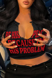 Black Street Letter V Neck High Waist Tops