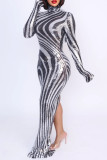 Black White Sexy Casual Patchwork Sequins Slit Hooded Long Dresses