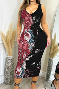 Pink Black Casual Print Patchwork U Neck Wrapped Skirt Dresses