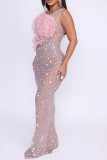 Pink Sexy Party Formal Patchwork See-Through Backless Hot Drill Flowers O Neck Long Dresses