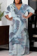 Deep Blue Elegant Floral Print With Belt V Neck Printed Plus Size Dresses