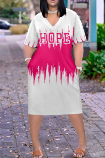 White Pink Casual Print Pocket Patchwork V Neck Straight Plus Size Dresses