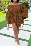 Brown Sexy Solid Color Draw String Lace Up Backless Off Shoulder Long Sleeve Dresses