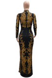 Black Celebrities Formal Patchwork Sequins Zipper Half A Turtleneck Long Dresses