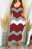 Pink Casual Print Patchwork U Neck Wrapped Skirt Dresses