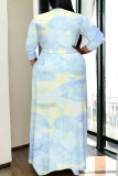 Blue Casual Geometric Print Lace Up Contrast V Neck Printed Plus Size Dresses