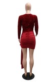 Red Party Solid Color Sequins Patchwork O Neck Wrapped Skirt Dresses