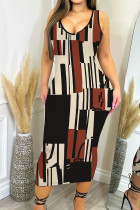 Black Brown Casual Print Patchwork U Neck Wrapped Skirt Dresses