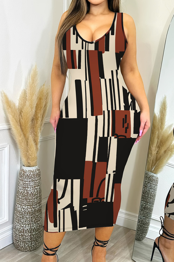 Black Brown Casual Print Patchwork U Neck Wrapped Skirt Dresses