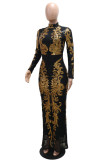 Black Celebrities Formal Patchwork Sequins Zipper Half A Turtleneck Long Dresses