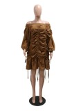 Brown Sexy Solid Color Draw String Lace Up Backless Off Shoulder Long Sleeve Dresses