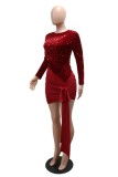 Red Party Solid Color Sequins Patchwork O Neck Wrapped Skirt Dresses