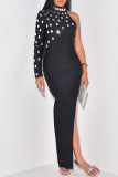Black Sexy Party Formal Solid Color Slit Hot Drill Half A Turtleneck Long Dresses