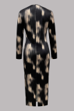 Black Elegant Print Patchwork Ruched O Neck Wrapped Skirt Dresses