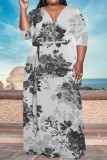 Light Blue Elegant Floral Print With Belt V Neck Printed Plus Size Dresses