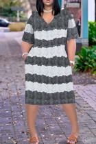 Gray White Casual Print Pocket Patchwork V Neck Straight Plus Size Dresses