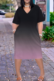 Black Gray Casual Print Pocket Patchwork V Neck Straight Plus Size Dresses