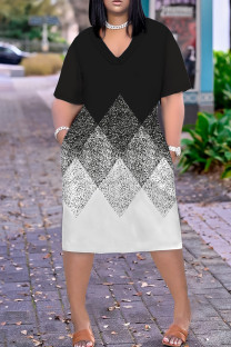White Black Casual Print Pocket Patchwork V Neck Straight Plus Size Dresses