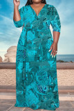 Light Blue Elegant Floral Print With Belt V Neck Printed Plus Size Dresses