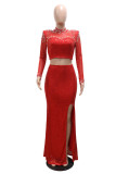 Red Sexy Solid Color Sequins Slit Beading Hot Drill Half A Turtleneck Long Sleeve Two Pieces