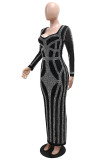 Black Sexy Celebrities Formal Hot Drilling Patchwork Slit Square Neck Long Dresses