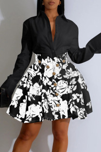 Black Casual Floral Print Buttons Shirt Collar Long Sleeve Two Pieces