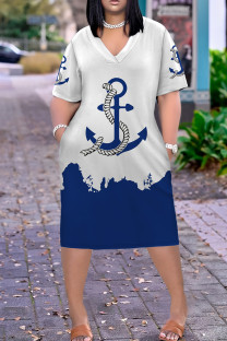 White Blue Casual Print Pocket Patchwork V Neck Straight Plus Size Dresses