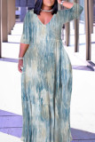 Blue Casual Geometric Print Lace Up Contrast V Neck Printed Plus Size Dresses