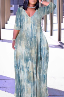 Baby Blue Casual Geometric Print Lace Up Contrast V Neck Printed Plus Size Dresses