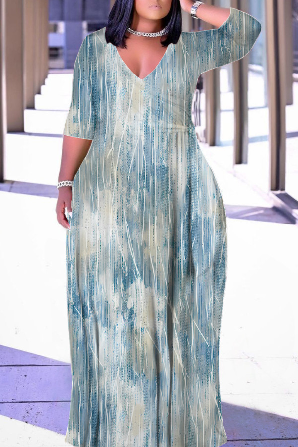 Baby Blue Casual Geometric Print Lace Up Contrast V Neck Printed Plus Size Dresses