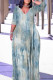 Baby Blue Casual Geometric Print Lace Up Contrast V Neck Printed Plus Size Dresses