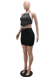 Black Sexy Solid Color Fringed Trim Backless Hot Drill Belted Halter Sleeveless Two Pieces