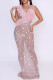 Pink Sexy Party Formal Patchwork See-Through Backless Hot Drill Flowers O Neck Long Dresses