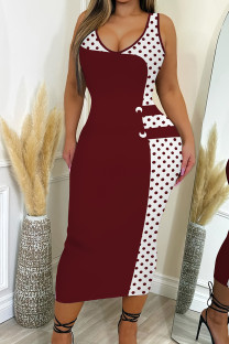 Burgundy Casual Print Patchwork U Neck Wrapped Skirt Dresses
