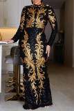 Black Celebrities Formal Patchwork Sequins Zipper Half A Turtleneck Long Dresses