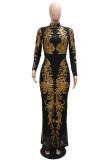 Black Celebrities Formal Patchwork Sequins Zipper Half A Turtleneck Long Dresses