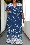 Blue Casual Geometric Print Lace Up Contrast V Neck Printed Plus Size Dresses