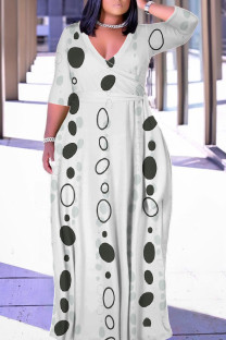 White Casual Geometric Print Lace Up Contrast V Neck Printed Plus Size Dresses